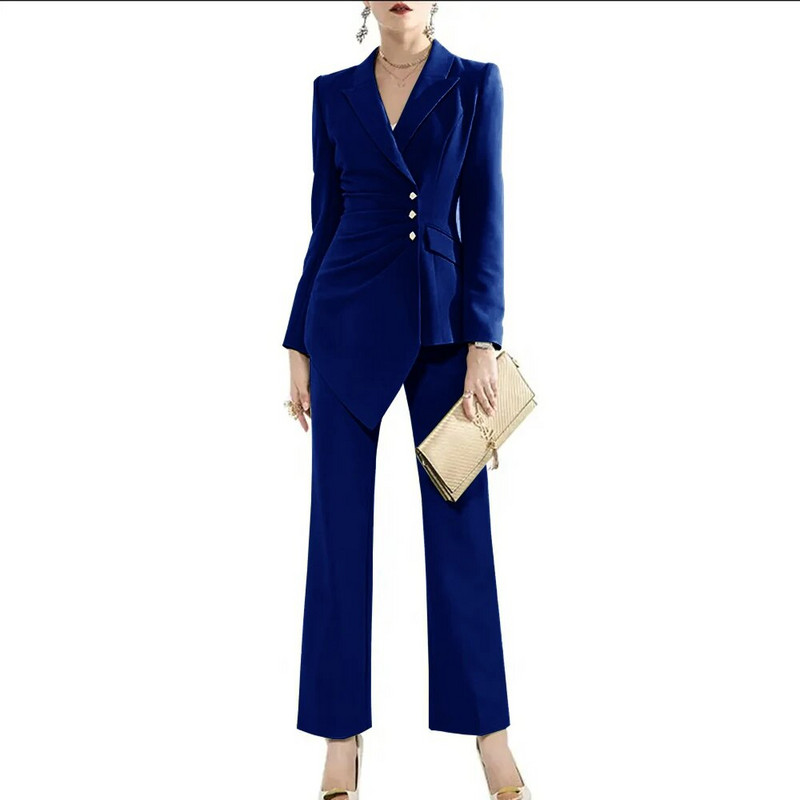 Luksuzni ženski kompleti s jednorednim kopčanjem 2023. (jakna+hlače) plisirani dizajn s preklopnim ovratnikom 2-dijelni komplet odijelo Elegantni sakoi