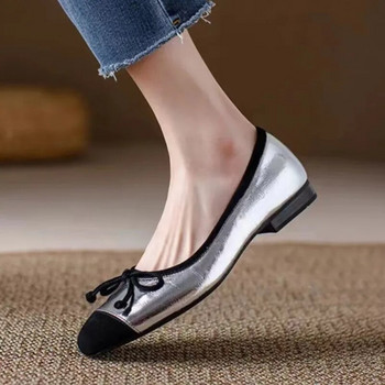 Дамски обувки с равни пръсти Черни обувки тип лодка Bowtie Patchwork Slip on Flat Shoes Дамски тънки златни обувки за жени с квадратни пръсти 1504N