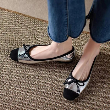 Дамски обувки с равни пръсти Черни обувки тип лодка Bowtie Patchwork Slip on Flat Shoes Дамски тънки златни обувки за жени с квадратни пръсти 1504N