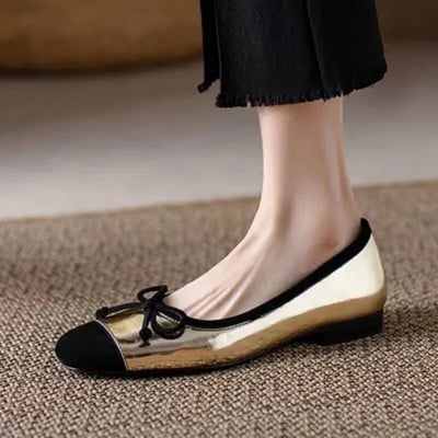 Γυναικεία φλατ Μαύρα Παπούτσια Boat Bowtie Patchwork Slip on Flat Shoes Γυναικεία χρυσό φόρεμα παπούτσια για γυναικεία τετράγωνα δάχτυλα 1504N