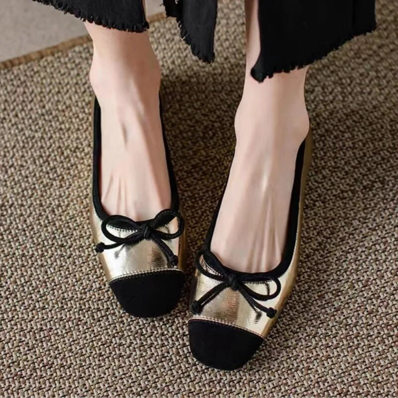 Női lapos, fekete orrú csónakcipő csokornyakkendő Patchwork Slip on lapos cipő Női aranyszínű ruha cipő női négyszögletes orrhoz 1504N