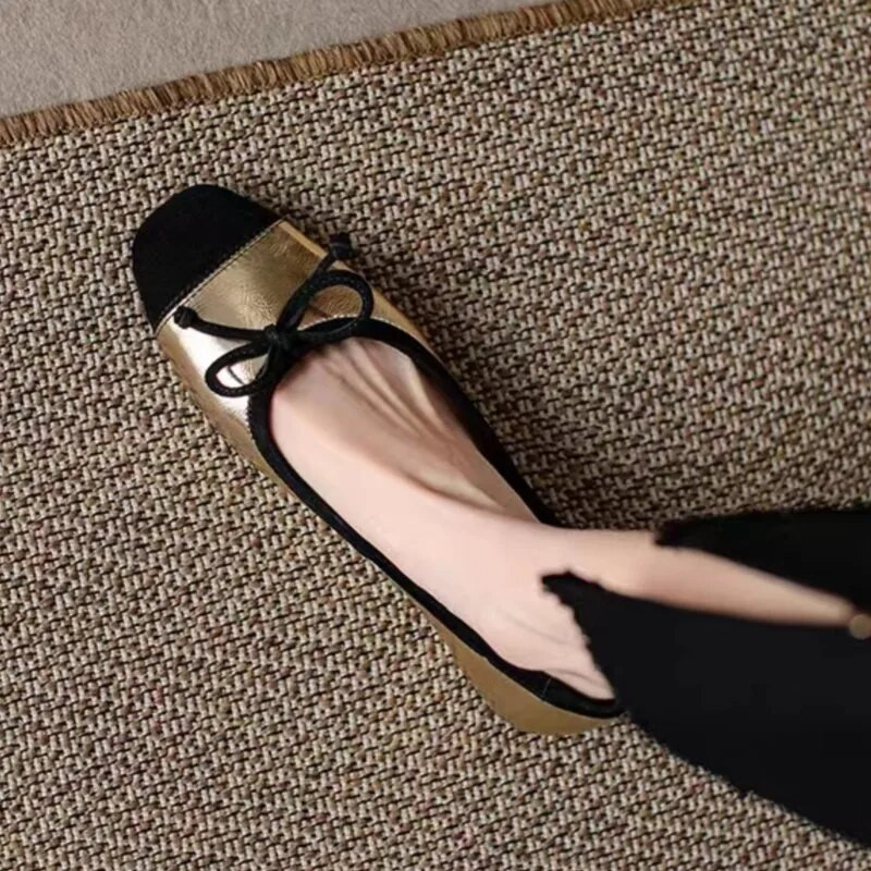 Női lapos, fekete orrú csónakcipő csokornyakkendő Patchwork Slip on lapos cipő Női aranyszínű ruha cipő női négyszögletes orrhoz 1504N