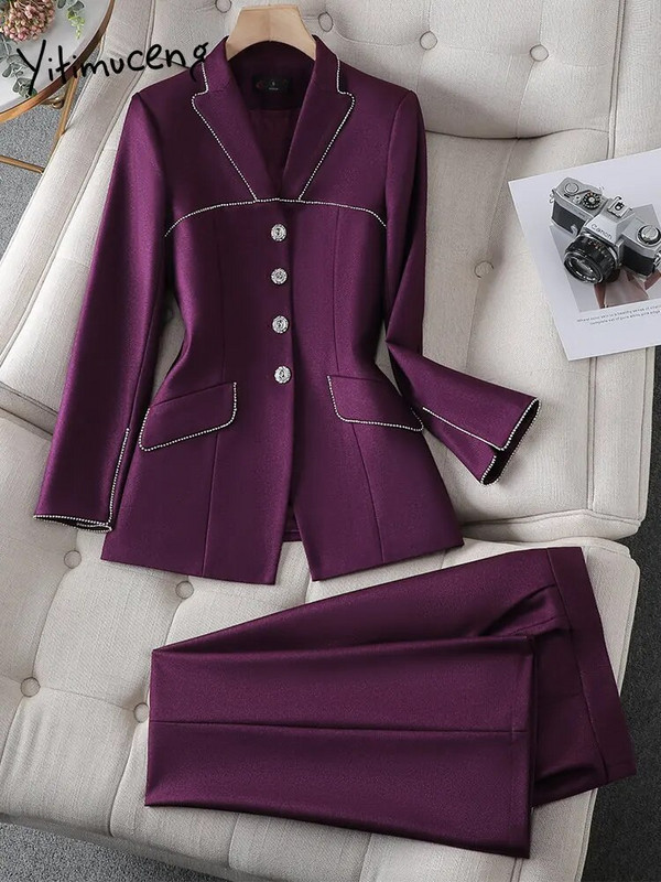 Yitimuceng Formalni 2-dijelni kompleti odijela za žene 2023. Moda za uredske dame s ovratnikom na jedno redno kopčanje, šik kompleti hlača