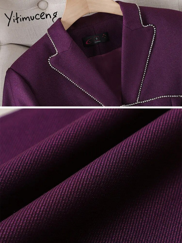 Yitimuceng Formalni 2-dijelni kompleti odijela za žene 2023. Moda za uredske dame s ovratnikom na jedno redno kopčanje, šik kompleti hlača