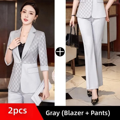 Naiste suvised pükstekomplektid 2023, uued hall valge must poolvarrukatega bleiser ja pükste ülikond šikk naiste elegantne äriline 2-osaline komplekt