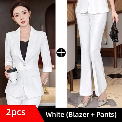 Naiste suvised pükstekomplektid 2023, uued hall valge must poolvarrukatega bleiser ja pükste ülikond šikk naiste elegantne äriline 2-osaline komplekt