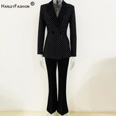 Moteriškas juodas kalnų krištolas ilgomis rankovėmis aukštos kokybės švarkas kelnės biuro moteriškas kostiumas laisvalaikis 2 vnt.