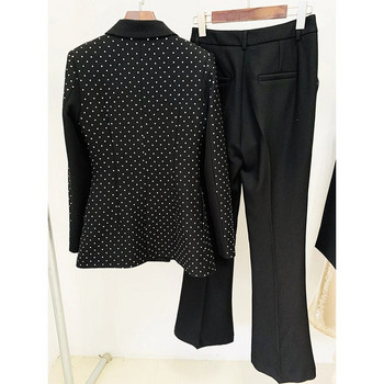 Γυναικείο μαύρο στρας μακρυμάνικο παντελόνι ζιβάγκο υψηλής ποιότητας Γυναικείο κοστούμι γραφείου casual 2 τμχ Σετ