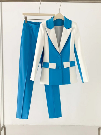 Μπλε Λευκό Παντελόνι Κοστούμια Γυναικεία Slim Fit Pencil Pants+ Blazer Outfits Επίσημο επαγγελματικό παλτό Κλασικό κοστούμι σακάκι δύο τεμαχίων 2023
