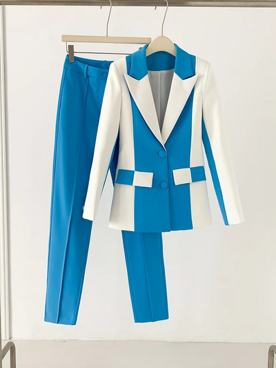 Odijela s plavim bijelim hlačama Ženske uske hlače s olovkom + blejzer Odjevni predmeti Formalni poslovni kaput Klasična jakna Dvodijelni kompleti 2023.