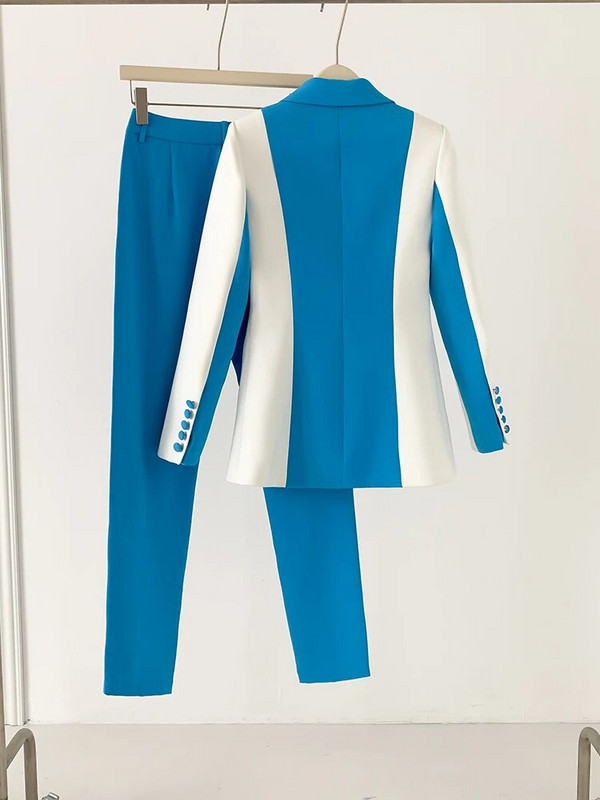 Mėlynai balti kelnių kostiumai, moteriški ploni pieštukiniai kelnės + švarkas, formalus verslo paltas klasikinis kostiumo švarkas, dviejų dalių rinkiniai 2023 m.