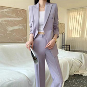 Elegáns női munkablézer öltöny, kétsoros kabát felső és egyenes nadrág, kétrészes szett, hozzáillő ruházat irodai hölgy