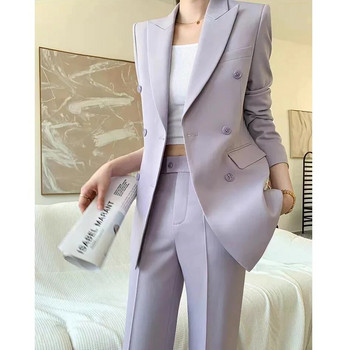 Γυναικείο κομψό κοστούμι εργασίας σημείωτο μπλέιζερ με διπλό στήθος Μπλουζάκι και ίσιο παντελόνι σετ δύο τεμαχίων που ταιριάζουν στο γραφείο Lady