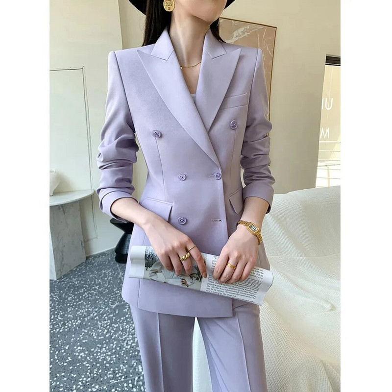 Elegáns női munkablézer öltöny, kétsoros kabát felső és egyenes nadrág, kétrészes szett, hozzáillő ruházat irodai hölgy