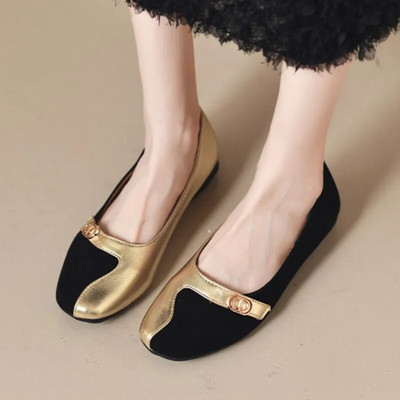 Ravne cipele u mješovitim bojama Ženske cipele za čamac Zlatno crne Pacthwork Ravne cipele s kopčom Dizajnerske cipele Mokasine za žene Jesen 1537N