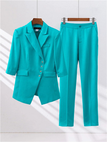Κομψά γυναικεία παντελόνια 2023 Νέα καλοκαιρινή στολή Μπλε χακί μισό μανίκι σακάκι + παντελόνι Κομψό γραφείο Γυναικείο επίσημο σετ 2 τεμαχίων