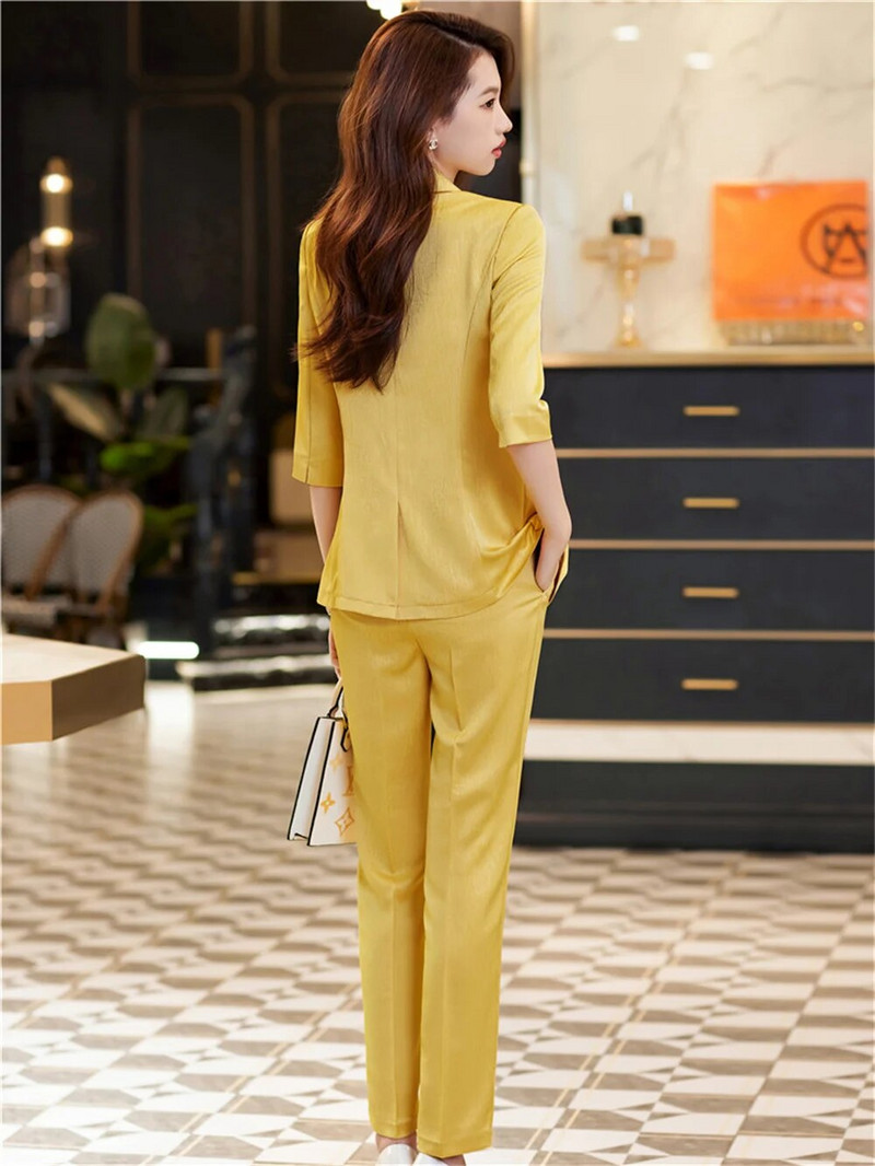 Elegáns női nadrágszettek 2023-as új nyári felszerelés, kék khaki félujjú blézer + nadrág elegáns irodai női formális 2 részes szett