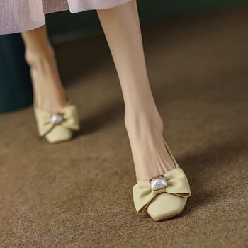 Пролет Есен Дамски обувки с равни обувки с голям лък Обувки с лодка с квадратни пръсти Обувки с ниски токчета Перлени сватбени обувки Булчински дамски обувки 9810N