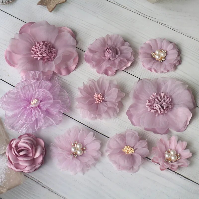 10 db-os készlet lila sorozat keverék 10 stílus sifon organza szövet rózsa virágok esküvői ruha lányok ruházat fejfedő dekoráció barkácsolás