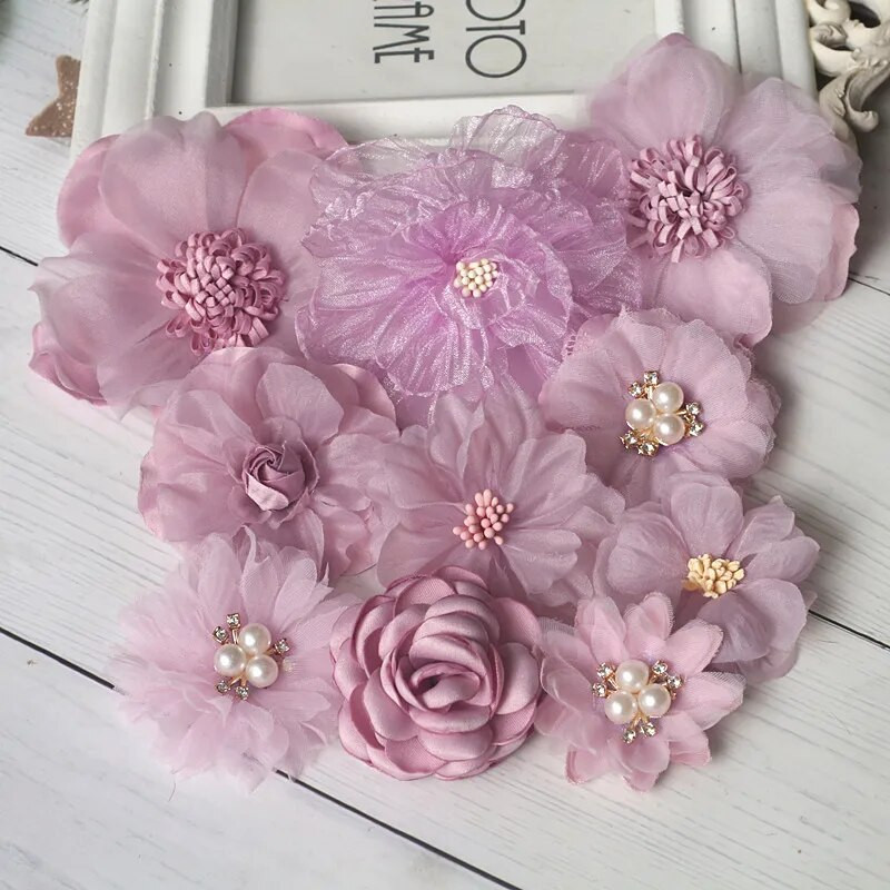 10 db-os készlet lila sorozat keverék 10 stílus sifon organza szövet rózsa virágok esküvői ruha lányok ruházat fejfedő dekoráció barkácsolás