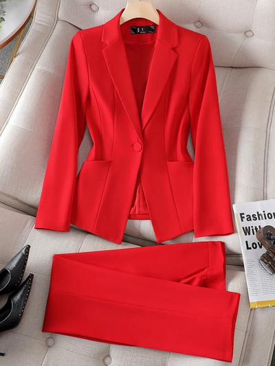 Uredski ženski formalni sako i odijelo s hlačama Ženski ženski crveno-crni mornarski sako Poslovna radna odjeća Komplet od 2 komada
