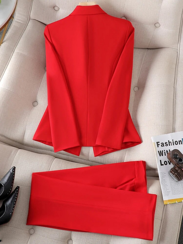 Uredski ženski formalni sako i odijelo s hlačama Ženski ženski crveno-crni mornarski sako Poslovna radna odjeća Komplet od 2 komada