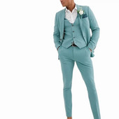 Smokin Takım Elbise Erkek Mint Green Beach Groomsmen kāzu smokingi vīriešiem ar smailu atloku, svinīgs balles uzvalks 3 dab.