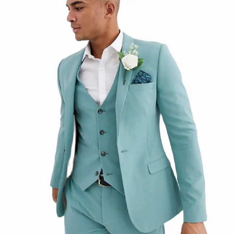 Smokin Takım Elbise Erkek Mint Green Beach Groomsmen kāzu smokingi vīriešiem ar smailu atloku, svinīgs balles uzvalks 3 dab.
