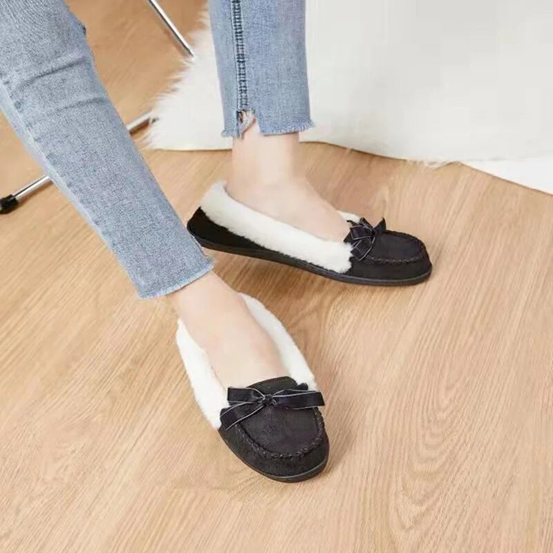 Sieviešu apavi 2022. g. Jauni vasaras sieviešu apavi Loka mezgls, apaļš purngals Kašmira gadījuma plakani apavi ziemas īsi plīša eleganti apaļie purngali