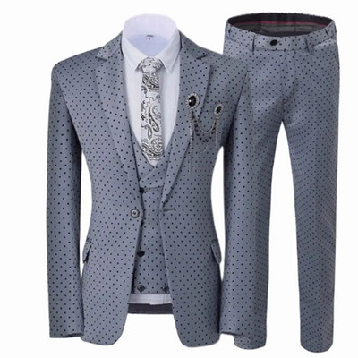 Három részes férfi esküvői öltöny, háromrészes, pöttyös nyomott, vékonyan illeszkedő, bevágásos hajtókás szmoking frakk, legjobb férfi, kétsoros