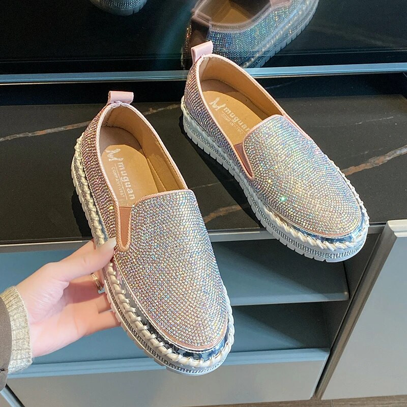 Luksusa zīmola Crystal ikdienas sieviešu apavi ar biezu zoli Temperamenta pavasara modes plakani apavi Sekli sieviešu vulkanizēti apavi