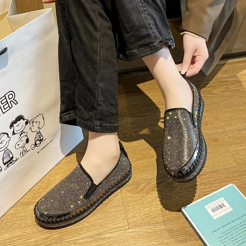 Luksusa zīmola Crystal ikdienas sieviešu apavi ar biezu zoli Temperamenta pavasara modes plakani apavi Sekli sieviešu vulkanizēti apavi