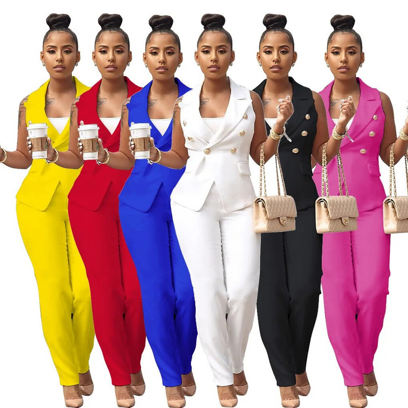 Crno uredsko odijelo za žene 2023. Sako na zakopčavanje Odijelo s dugim hlačama Gornji set sakoa Ženski luksuzni dizajnerski komplet od 2 komada, crvena