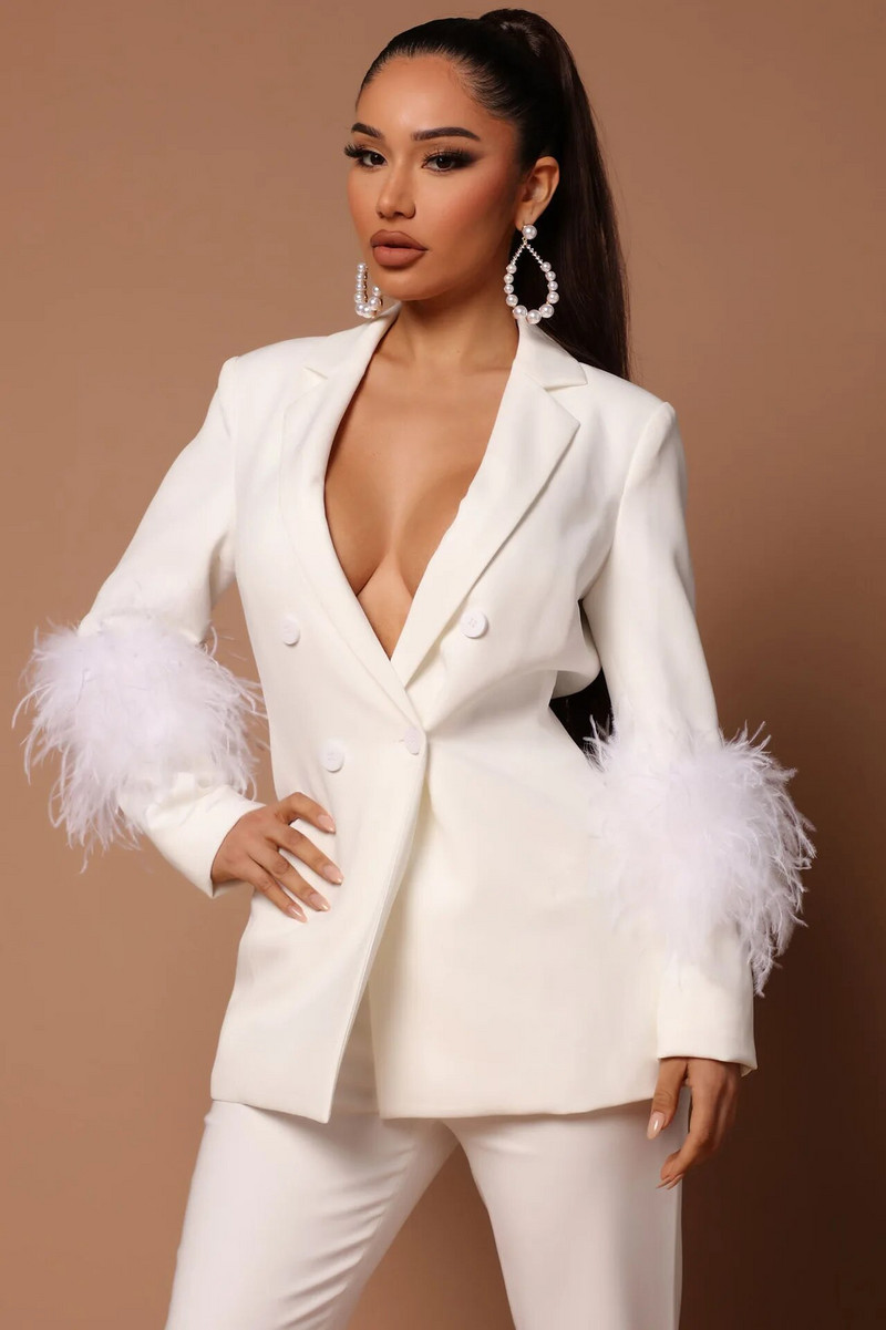 Női nadrágszettek 2023 Új, tollszőrme szegély hosszú ujjú blézer és nadrág Elegáns, elegáns party irodai női szett, 2 részes