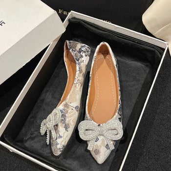 Дамски равни елегантни модни дамски равни модни балетни обувки Дамски блестящи кристални папийонка Обувки с равни пръсти с остри пръсти Zapatos De Mujer
