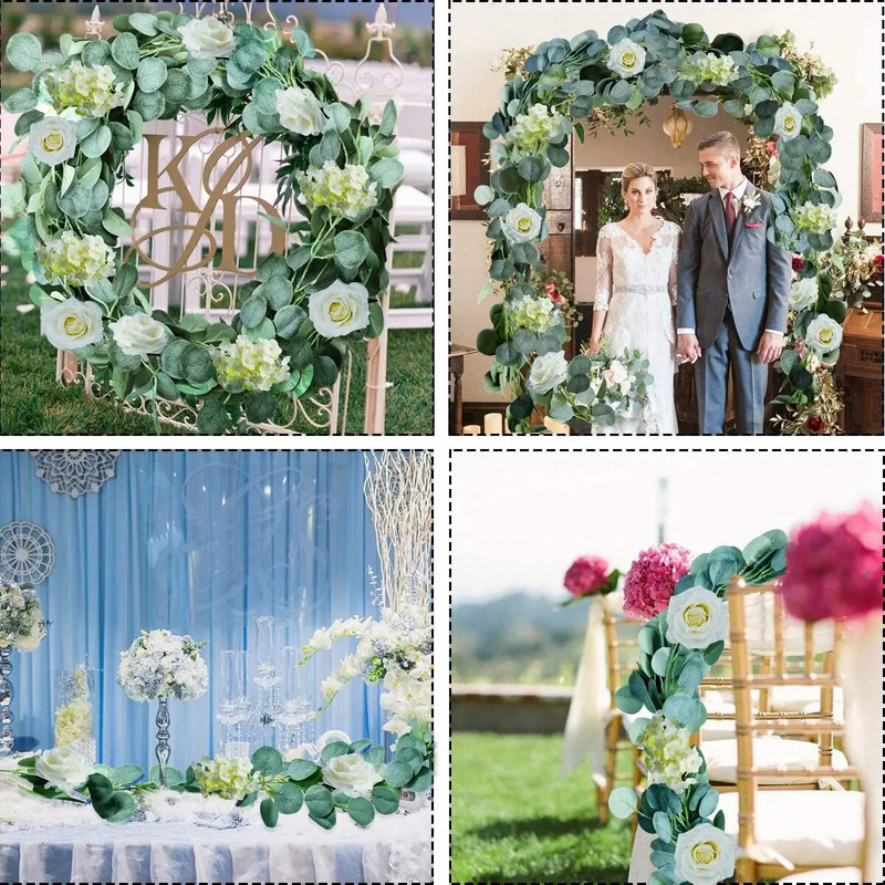 2M művirágok selyem rózsa gypsophila füzér hamis eukaliptusz szőlő függő növények esküvői otthoni parti asztaldísz