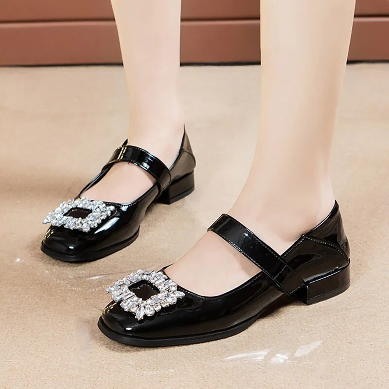 Ženske ravne lakirane cipele Mary Janes Četvrtaste cipele sa vještim dijamantom Četverokutne cipele niske pete Zapatos Mujer 9504N
