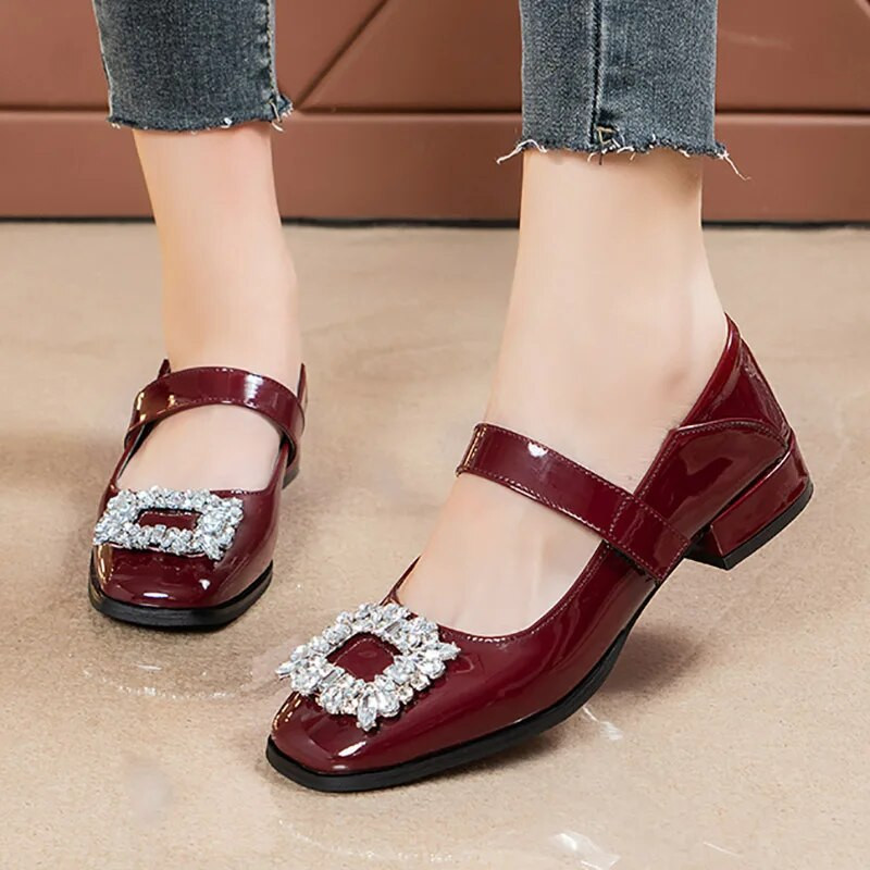 Ženske ravne lakirane cipele Mary Janes Četvrtaste cipele sa vještim dijamantom Četverokutne cipele niske pete Zapatos Mujer 9504N
