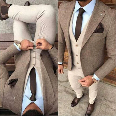 Толстая Bерсия Cлова Ni Matrimonio Tweed Fabric Téli Öltöny Bézs Slim Fit Férfi báli kabát nadrág szett (kabát+mellény+nadrág)