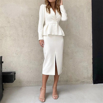 Γυναικείο φόρεμα blazer 2023 Νέο σε κομψά βολάν, μονόχρωμο, μακρυμάνικο με σχισμή, λεπτή casual office γυναικεία φούστα ζιβάγκο