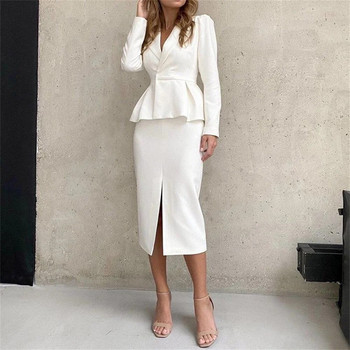 Γυναικείο φόρεμα blazer 2023 Νέο σε κομψά βολάν, μονόχρωμο, μακρυμάνικο με σχισμή, λεπτή casual office γυναικεία φούστα ζιβάγκο