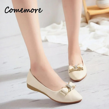 Дамски плоски кожени обувки Comemore Shallow Bowknot Дамски плоски обувки Лято 2023 Дамски удобни и елегантни обувки с лодки