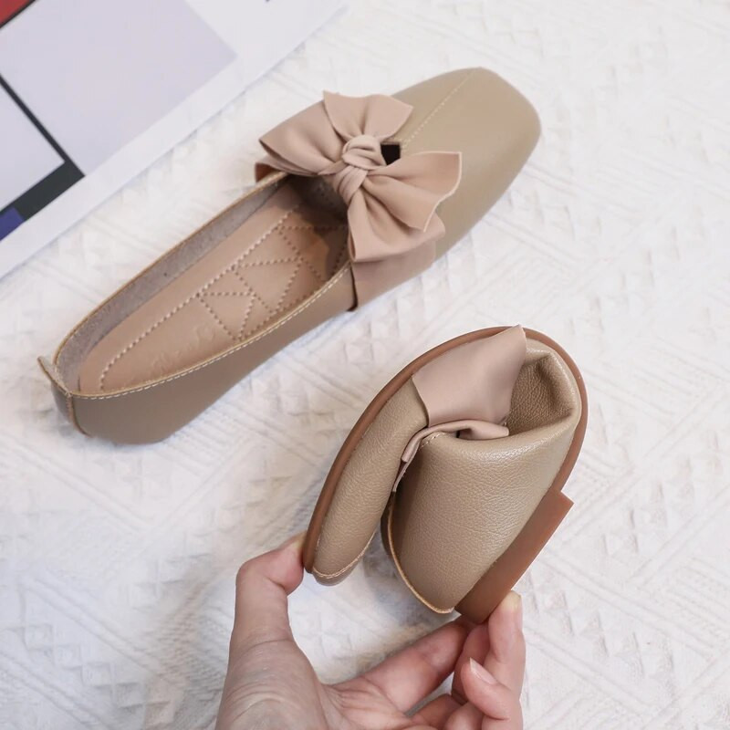 liela izmēra Bow sieviešu dzīvokļi Kontraktas sekla mutes kvadrātveida purngals plakani apavi sievietēm pavasaris vasara rudens korejiešu stila sieviešu apavi