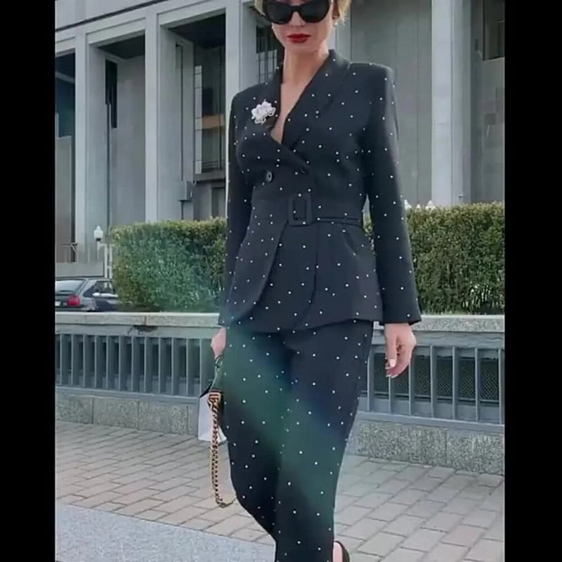 Ženski elegantni blejzer odijelo s hlačama, crno-crvena točkica dugih rukava s remenom, uredski radni ženski ležerni komplet jakni od 2 komada