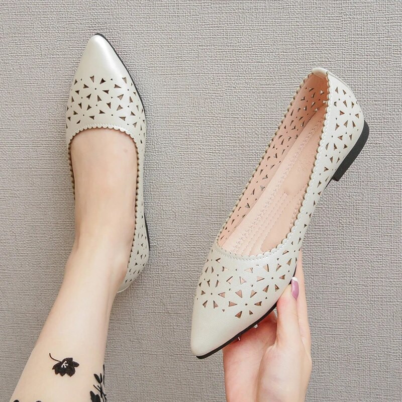 Ženske ravne cipele Kožne ženske baletne cipele sa šiljatim prstima Ljetne ženske cipele s izdubljenim natikačama Ženske cipele Sandale Vc3091