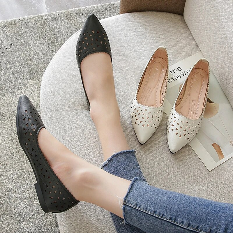 Ženske ravne cipele Kožne ženske baletne cipele sa šiljatim prstima Ljetne ženske cipele s izdubljenim natikačama Ženske cipele Sandale Vc3091