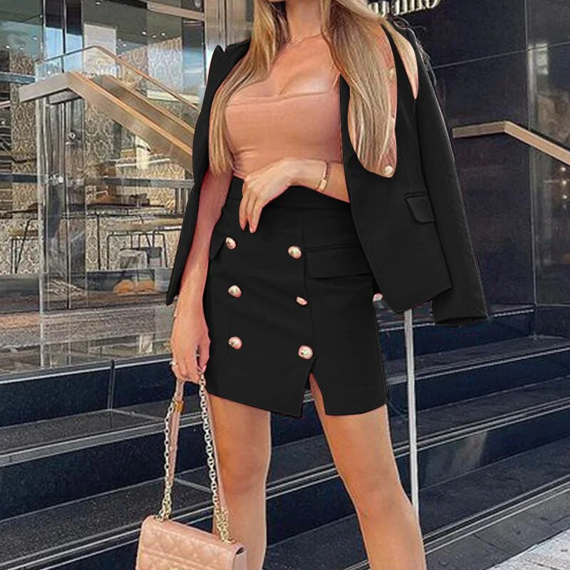 Ženski blejzer suknja Komplet od 2 komada Ružičasto crni modni uredski dami s dugim rukavima Kratke suknje Elegantno odijelo za slobodno vrijeme