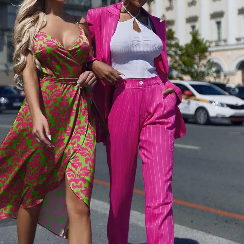 Moodsad triibulised pükskostüümid naistele Rohelised punased üherealised naiste vabaaja bleiserid pliiatsiga püksid ärijope 2-osalised komplektid