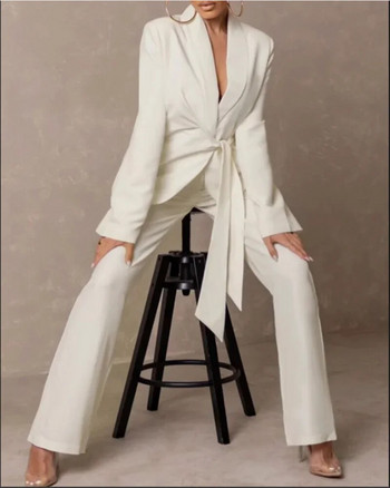Κομψό γυναικείο κοστούμι παντελόνι με μακρυμάνικο λευκό σακάκι+φαρδύ παντελόνι εργασίας Μόδα επαγγελματικό γραφείο Γυναικεία σετ 2 τεμαχίων Blazer