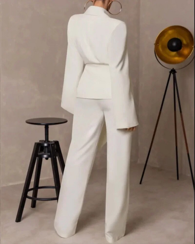 Elegantno žensko odijelo s hlačama, bijeli sako dugih rukava + hlače širokih nogavica, radna odjeća, modni poslovni uredski ženski kompleti sakoa od 2 komada